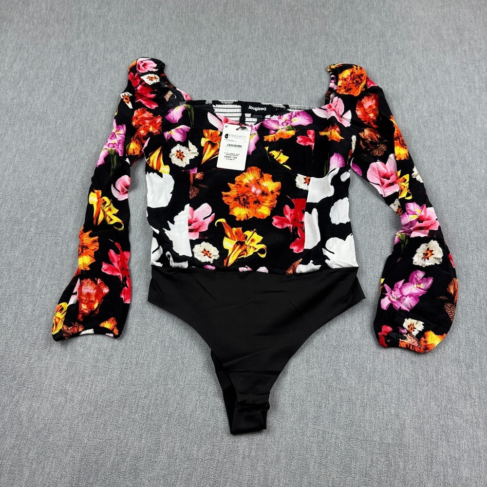 Desigual Bodysuit Womens Large Black M. Christian Lacroix Floral Long Sleeve NWT - Picture 1 of 11